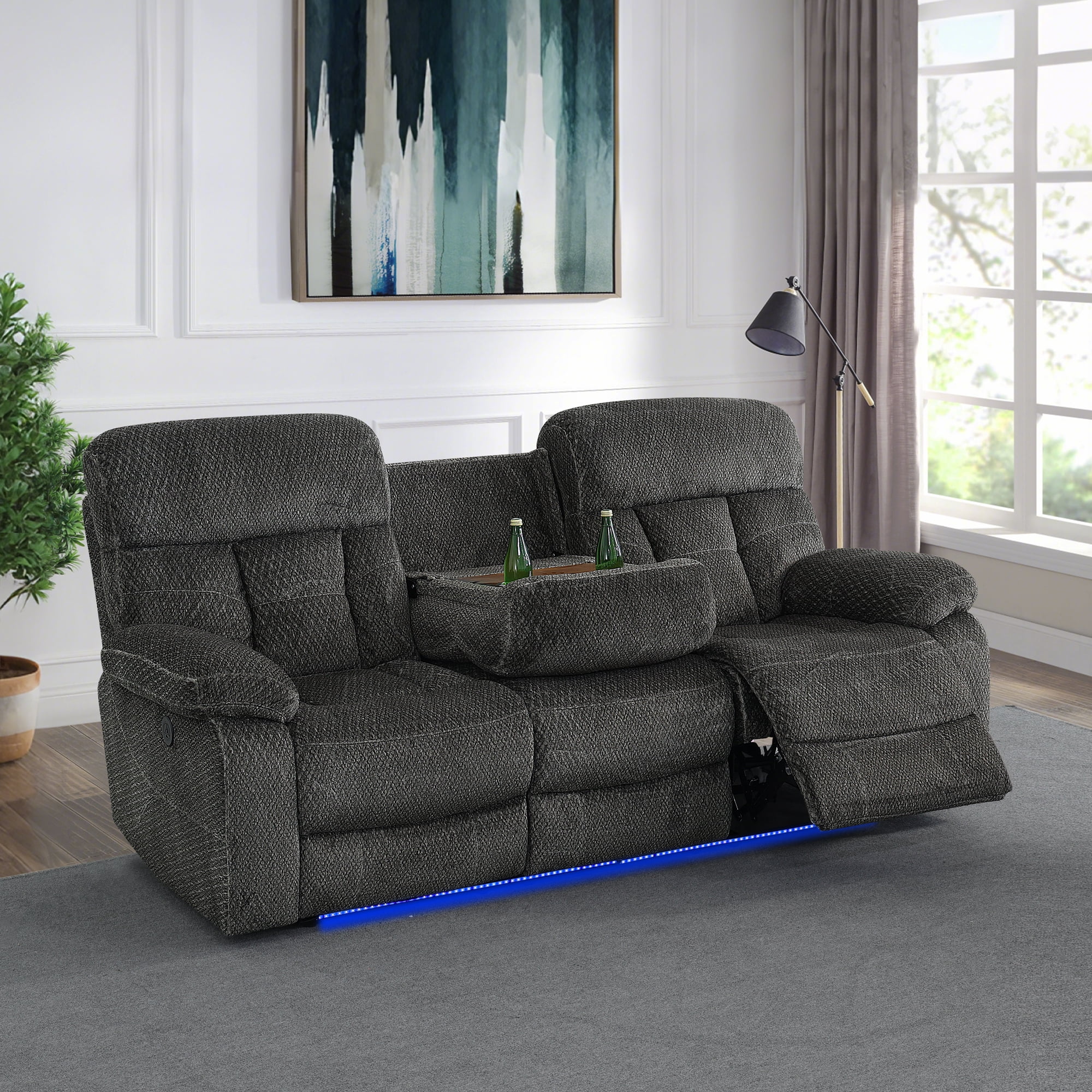 Gewnee 3‑Seater Power Recliner Sofa, Flocking Upholstery, USB Charging Port, Flip‑Up Tea Table, LED Ambient Light, Home Theater Seating for Living Room，Grey