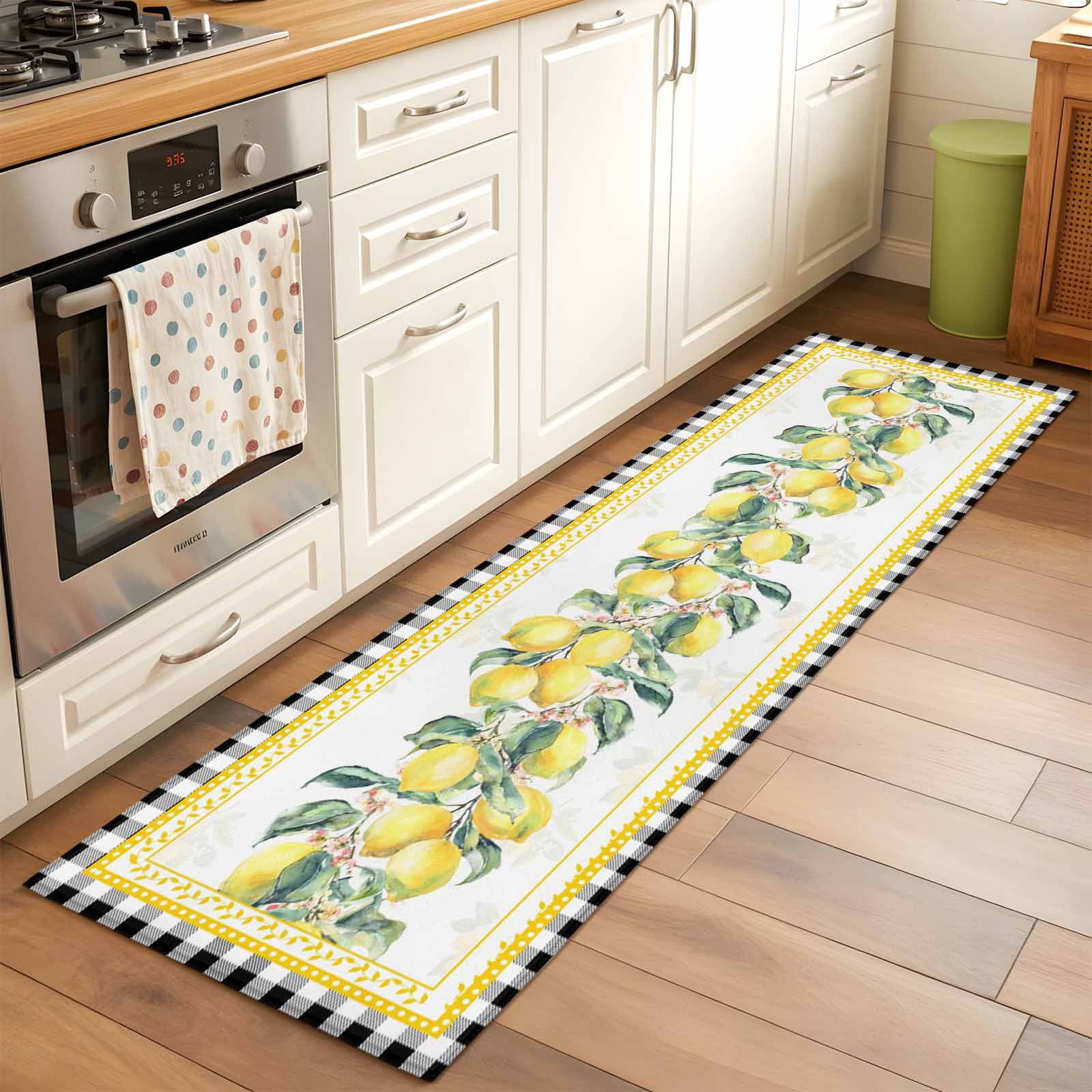 Yellow Lemon Kitchen Runner Rug 2x6 Washable Runners for Hallway Non Slip Summer Botanical Black White Plaid Pastoral Large Area Rug Indoor Floor Carpet for Bathroom Laundry Entryway Bedroom