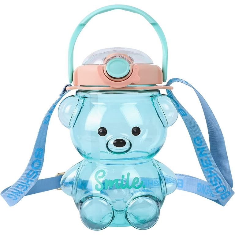 Pikadingnis Kawaii Bear Straw Bottle，Large capacity bear water bottle with  Strap and Straw , Cute Portable Bear shaped water Bottle Adjustable  Removable Strap for outdoor and school activities(blue) 