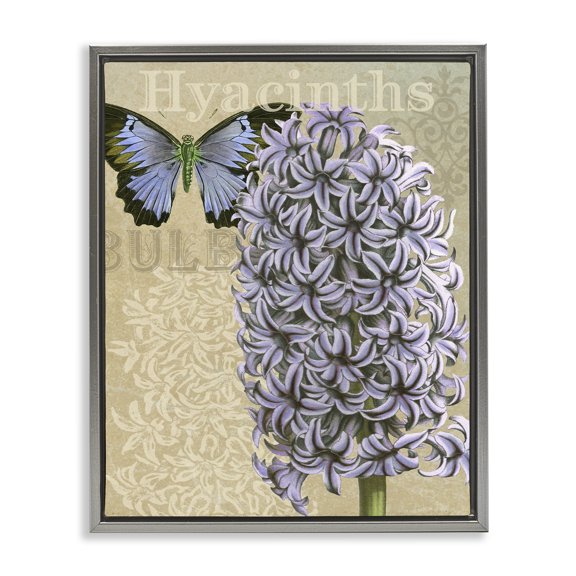 Stupell Industries Cottage Hyacinth Pattern & Butterfly Gray Floating Frame Canvas Art, 17 x 21, by Gail Fraser