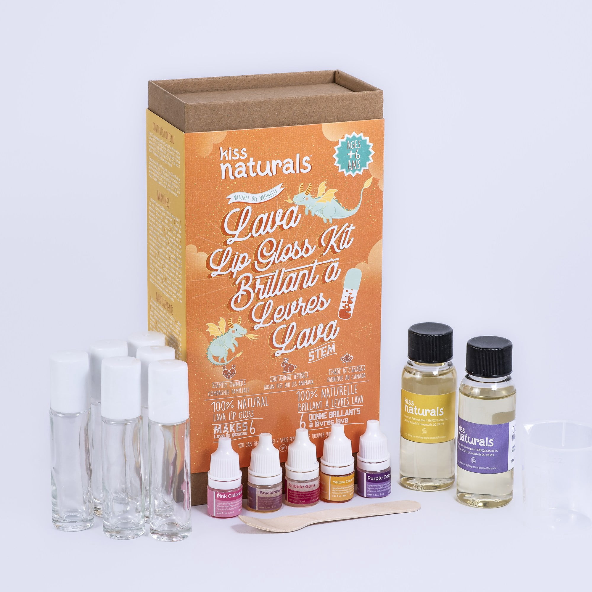 Kiss Naturals: Lava Lip Gloss Kit - Make 6 Glosses, DIY Kids Beauty Craft Kit, Organic Ingredients, Essential Oils, 2 Natural Flavors, STEM Ages 6+