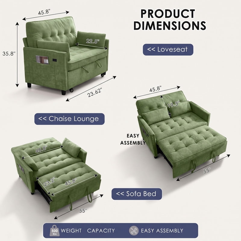 Anpport 54" 3‑in‑1 Convertible Sofa Bed, Towel Fabric, 3‑Position Adjustable Backrest with USB Charging Ports, for Living Room, Apartment, Green