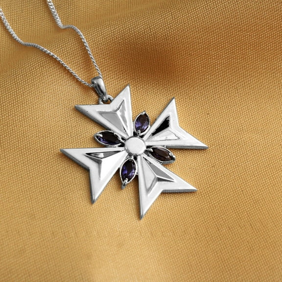 Iolite Maltese Cross Pendant With Chain 925 Sterling Silver Jewelry