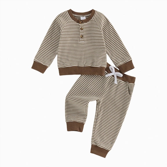 HFHAPW Baby Boy Toddler Fall Outfit Striped Sweatshirt Toddler Boy Winter Waffle Clothes 3 6 12 18 Months 2 3 4 5 6 7 8 9 T Pant Set(Brown,3-4 Y)