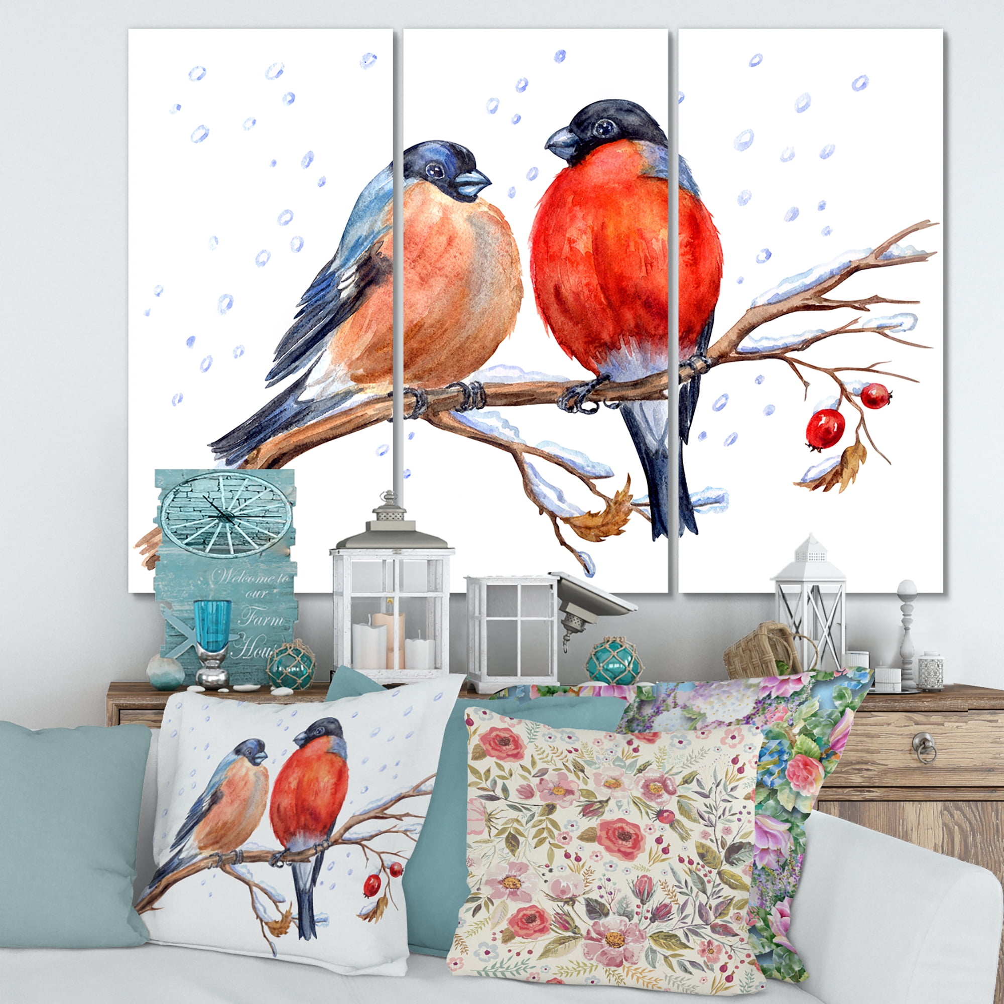 Designart ' Two Bullfinches On A Hawthorn Branch with Snowfall In Winter ' Traditional Canvas Wall Art Print