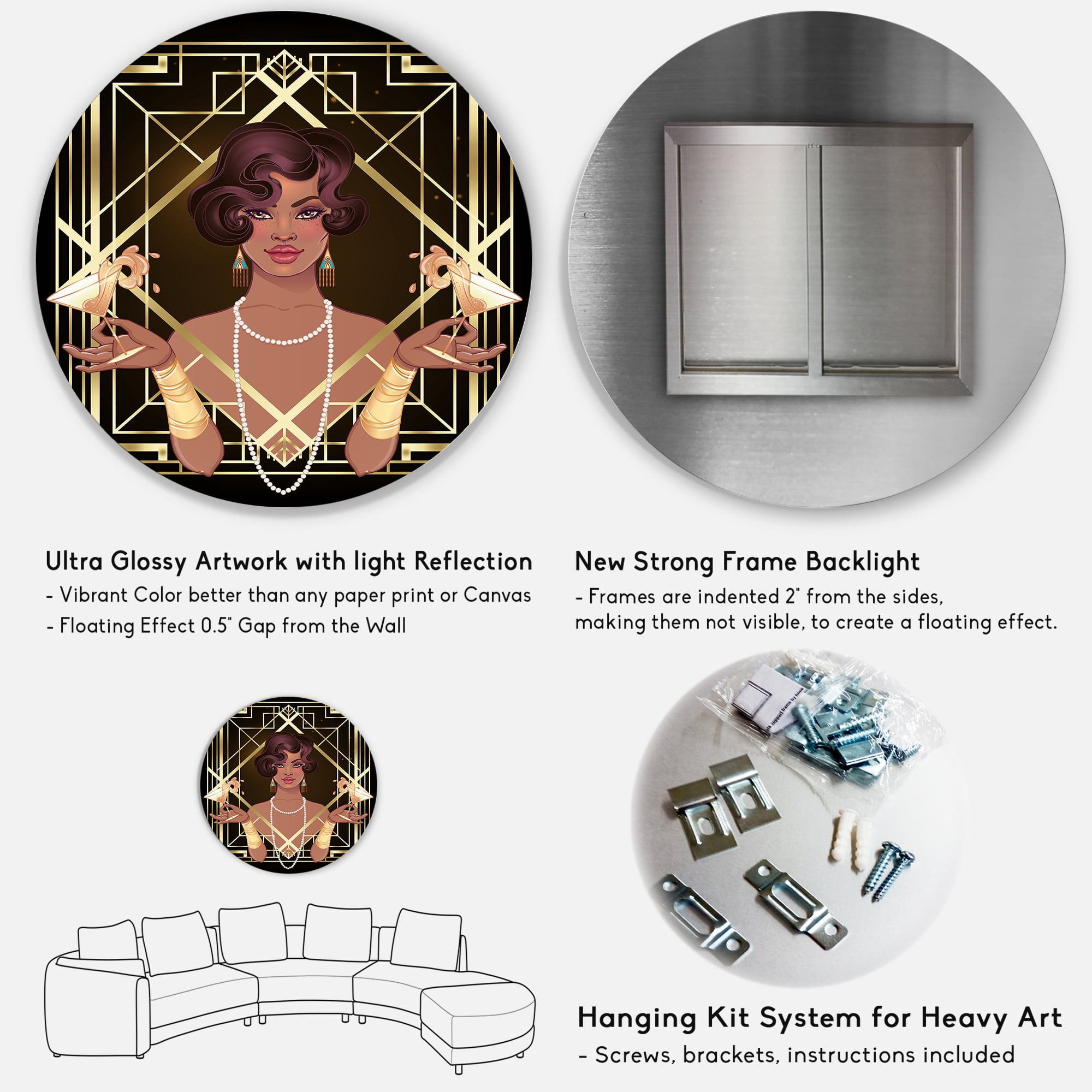 Designart 'Retro Girl In Golden Art Deco Geometrics I' Modern Circle Metal Wall Art 23x23 - Disc of 23