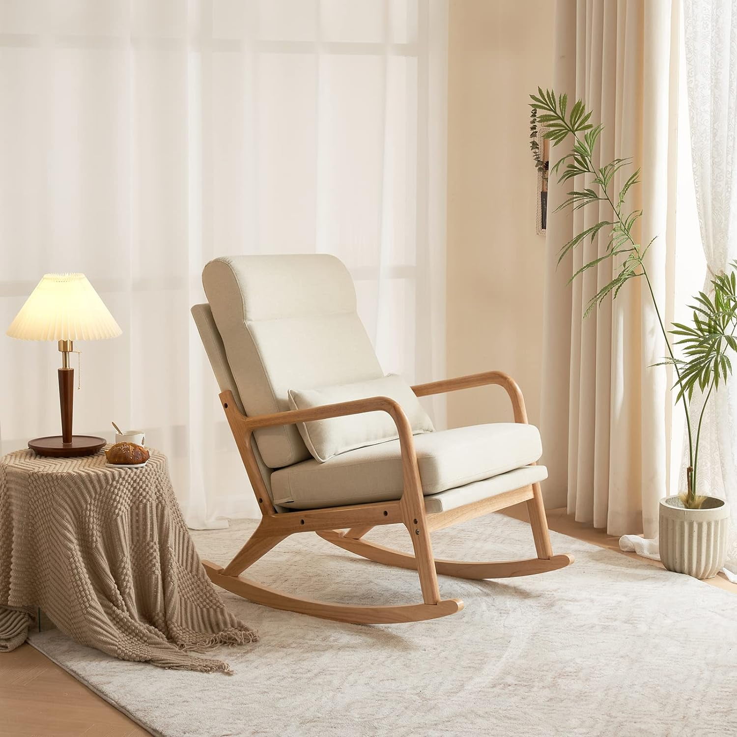 Nursery Rocking Chair Removable Glider Rocker High Backrest Rocking Armchair Mid-Century Accent Chair with Lumber Pillow for Bedroom, Living Room, Nursery, Beige