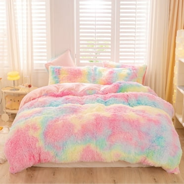 URBONUR 3Pcs Pink Faux Fur Twin Comforter Set for Girls Tie Dye Rainbow Kid Bed Set Plush Shaggy Bedding Sets Fuzzy Bed Comforter Sets(1 Fluffy Comforter   2 Faux Fur Pillowcases)