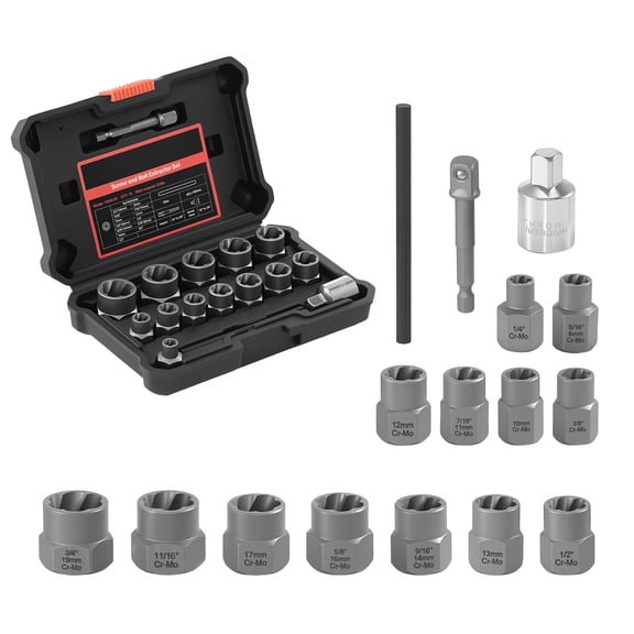 KFFKFF 16-Piece Impact Bolt and Nut Remover Set with Adapters and Pin Punch, Durable Storage Case, Cr-Mo Steel for Extracting Damaged, Rusted, Stripped, or Rounded Bolts, Nuts, and Screws