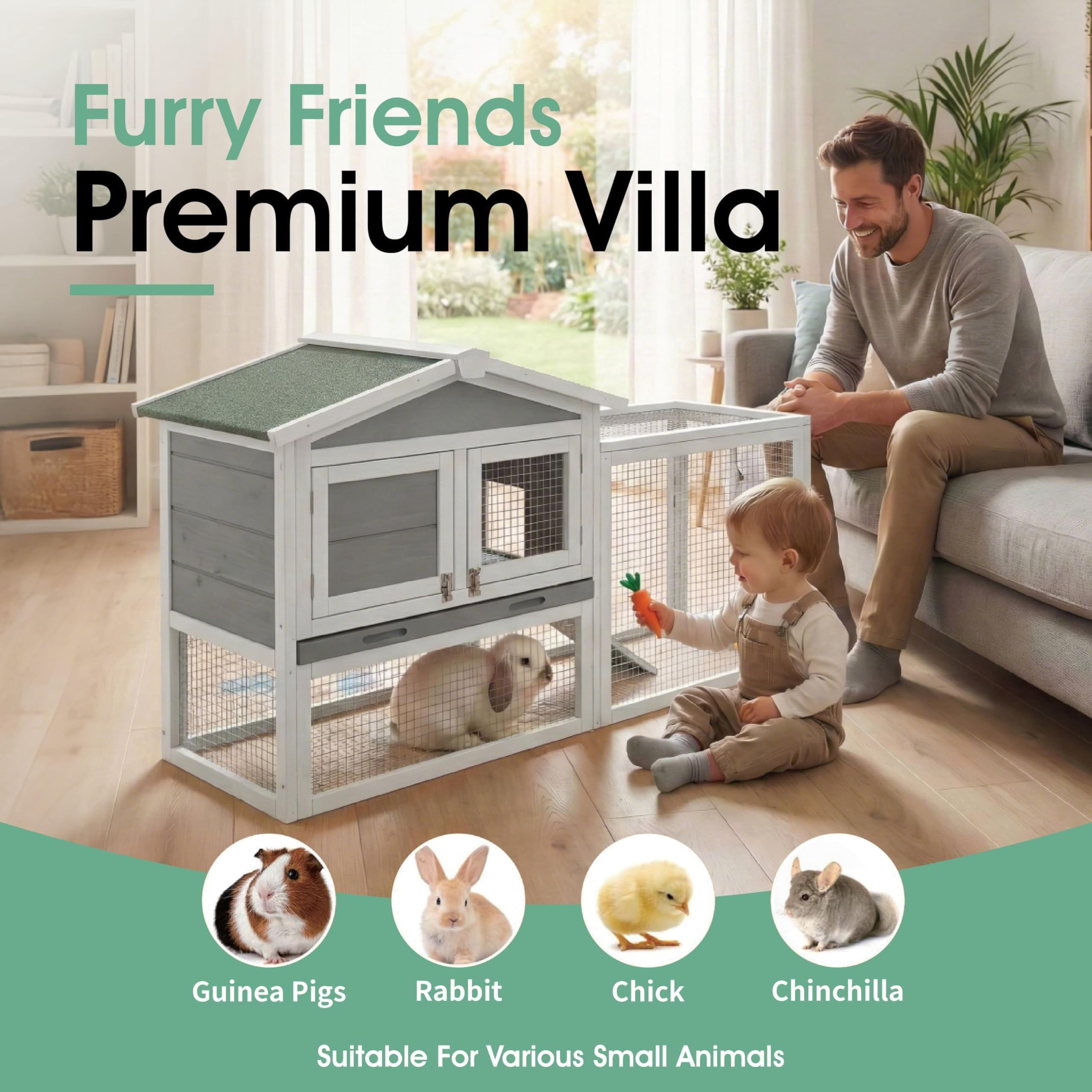 60.2 Inch Rabbit Hutch Outdoor, Wooden Bunny Cage with Waterproof Roof, Weatherproof Bunny Cage with Anti-Chew Metal Frame Ramp for Backyard Small Animals
