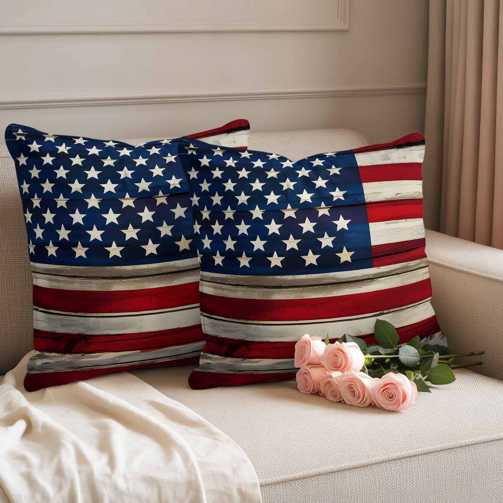 Independence Day Pillow Covers 2 Pack Retro American Flag Blue Star Red White Stripe Wood Pillowcase Waterproof Outdoor Throw Pillow Cover for Patio Garden Square Cushion 18”x18”