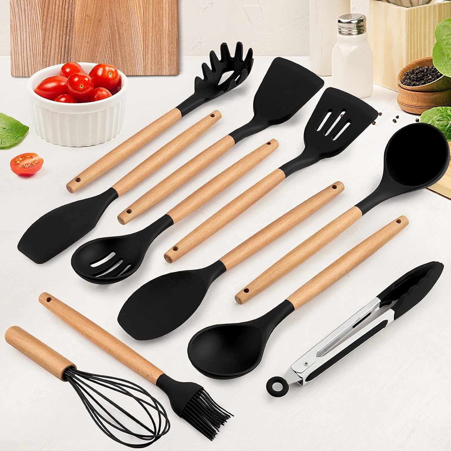 12-Piece Silicone Cooking Utensils Set with Wooden Handles, Heat Resistant Non-Stick Kitchen Gadgets (Black)
