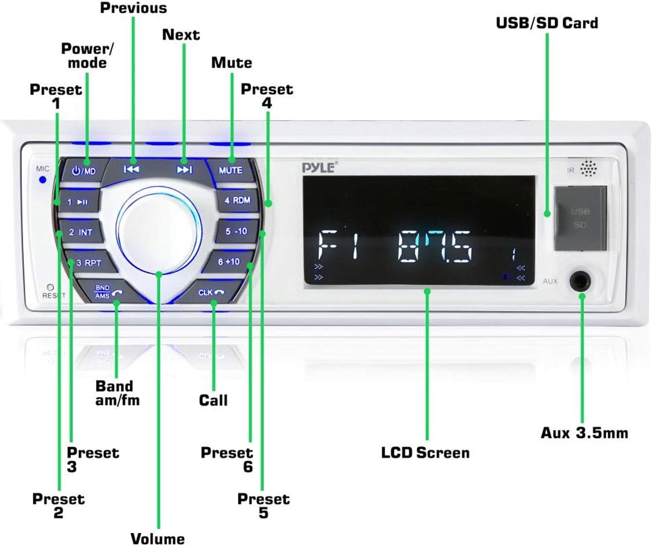 Pyle Single Din 300W Bluetooth Marine Receiver Stereo, Hands-Free Calling, AM/FM, USB/SD (White)