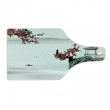 

East Cutting Board River Scenery Cherry Blossoms Boat Cultural Hints View Decorative Tempered Glass Cutting and Serving Board Wine Bottle Shape Ruby Pale Grey by Ambesonne