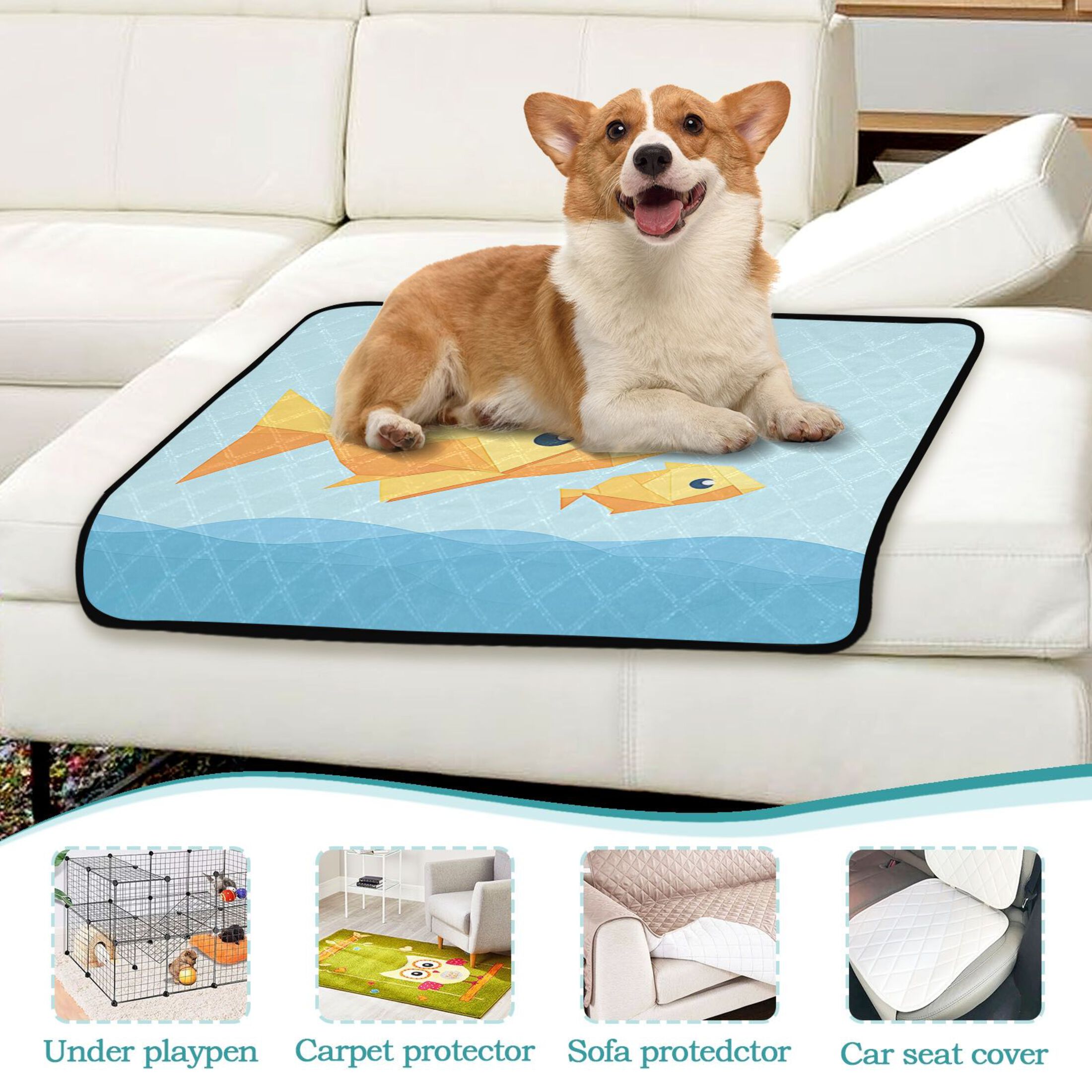 Washable Pet Pee Pads with Super Absorbent Reusable Training Pads for Dogs & Cats Simple Origami Fish