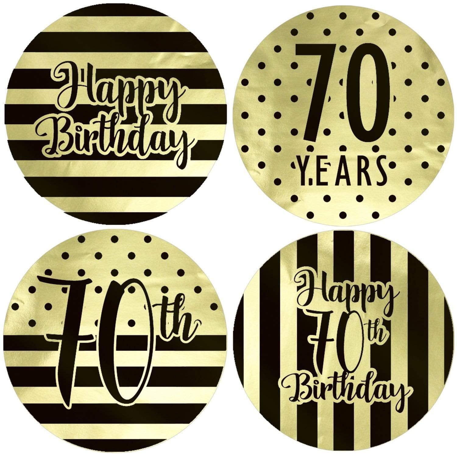 Black and Gold 70th Birthday Shiny Foil Party Favor Labels - 40 Count -  Dots & Stripes - Distinctivs