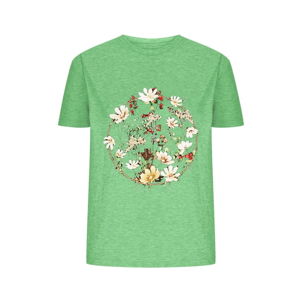 Blusas de Verano de las Mujeres Flor Impresa Cuello Redondo Manga Corta Superior, Verano Superior de las Mujeres