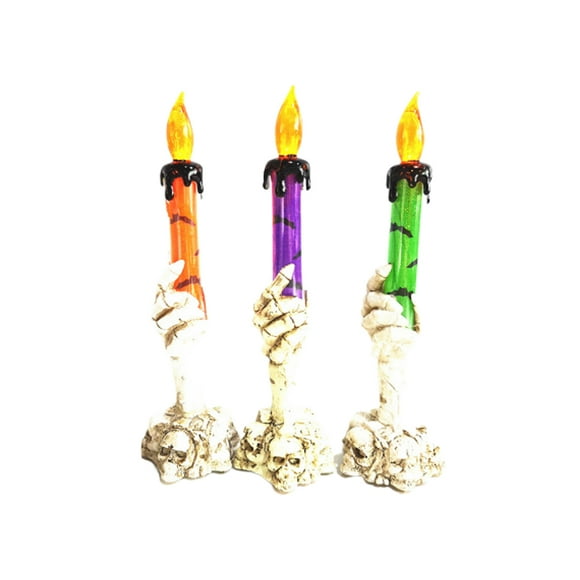 3 velas luminosas con luz de calavera de Halloween, lámpara de vela de mano fantasma, luz de vela de cera LED decorativa, decoración de Halloween, naranja, morado y verde