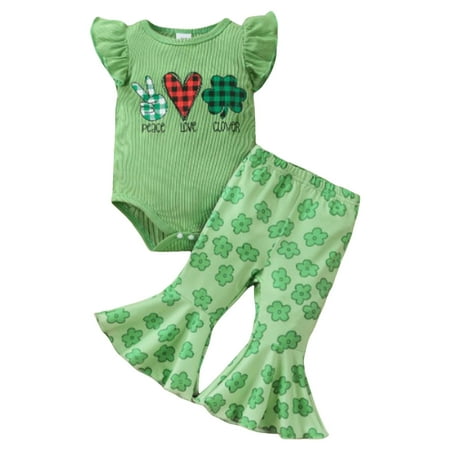

Rovga Girls Shoer Sleeve St.Patrick s Day Letter Printed Romper Bodysuits Bell Bottoms Pants Child Outfits Stylish Clothing
