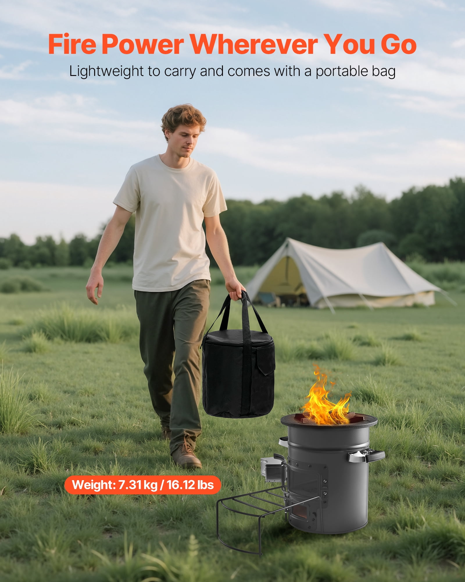 VEVOR Camping Rocket Stove, Wood Burning Portable Rocket Stove with Carrying Bag for Backpacking, SPCC Steel, Double Door, Burn Twigs, Sticks or Charcoals for Outdoor Cooking, Backyard, Camp Cooking