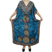Mogul Womens Maxi Caftan Blue Printed Nightwear Evening Kimono Style Bikini Cover Up Kaftan Dress XXXL