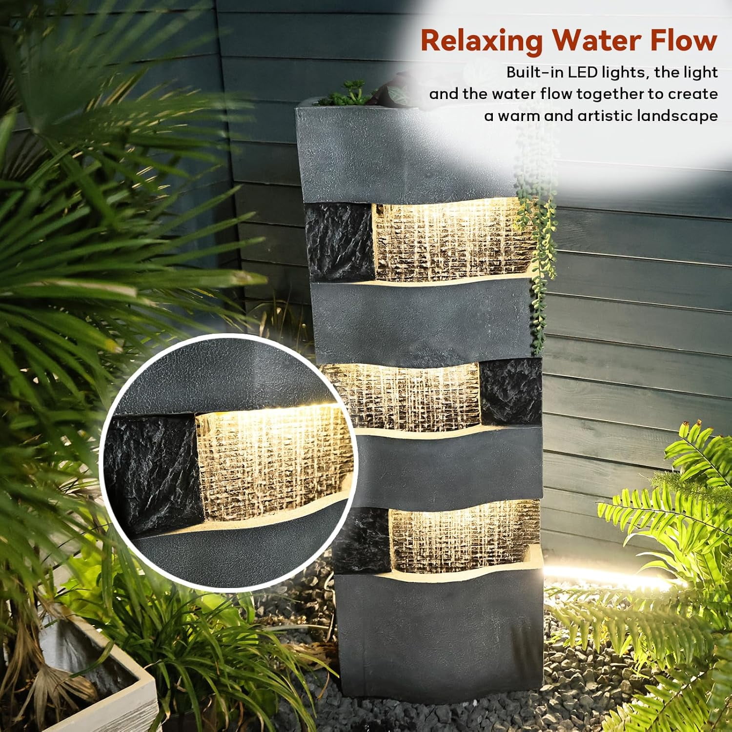 40.5''H 4-Tier Outdoor Water Fountain with LED Lights, Floor Standing Waterfall for Garden Patio & Home Art Decor