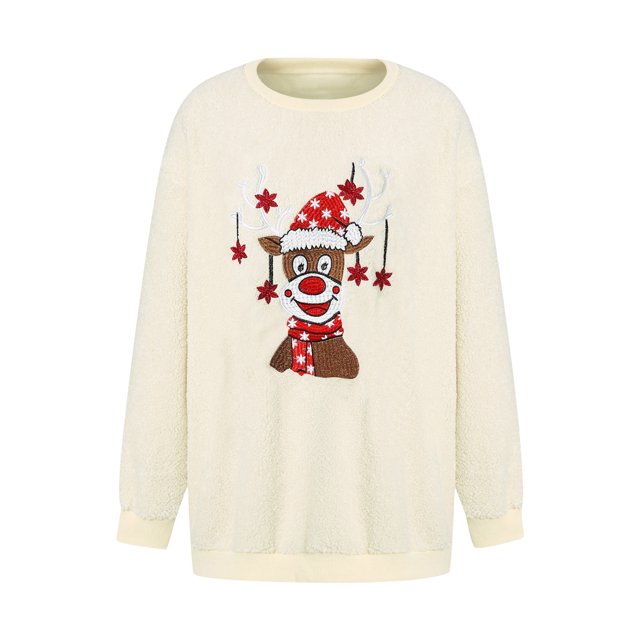 Kmbangi Pull en Molleton pour Femmes Manches Longues Col Rond Chandail en Molleton de Noël pour Automne Hiver