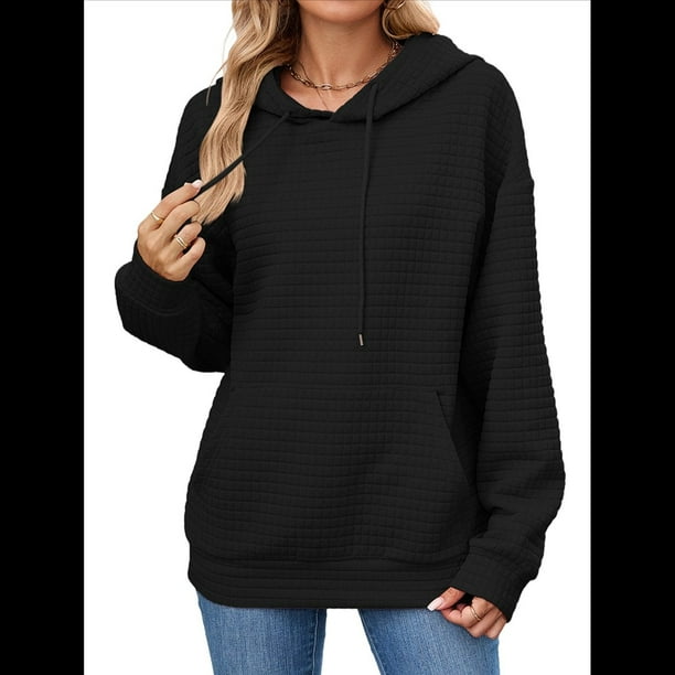 Sudadera con Capucha para Mujer, Informal, de Larga, con Cordón Ajustable, Estilo Waffle, Holgada, con Bolsillo. Negro L