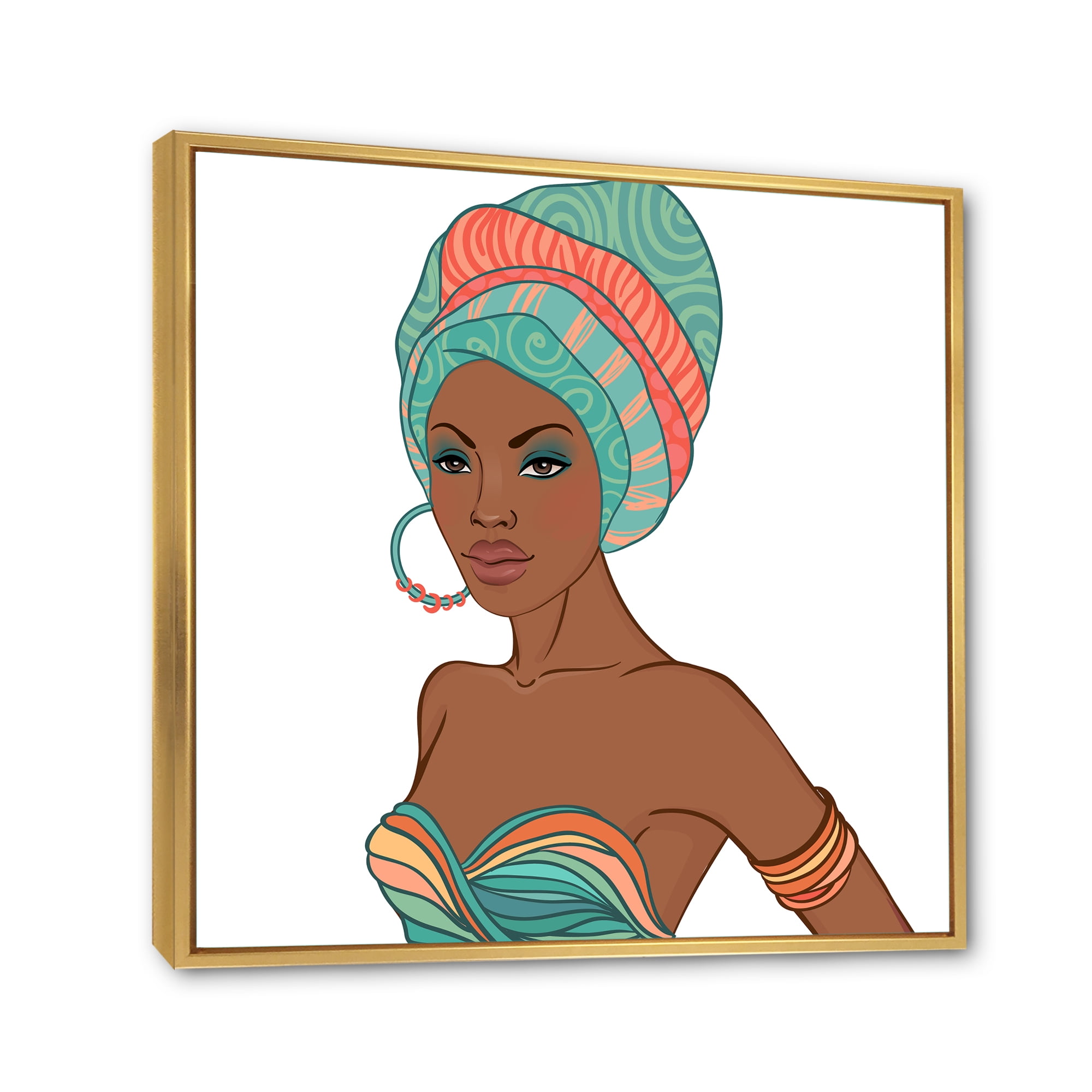 Designart 'African American Woman With Turban and Earring' Modern Framed Canvas Wall Art Print