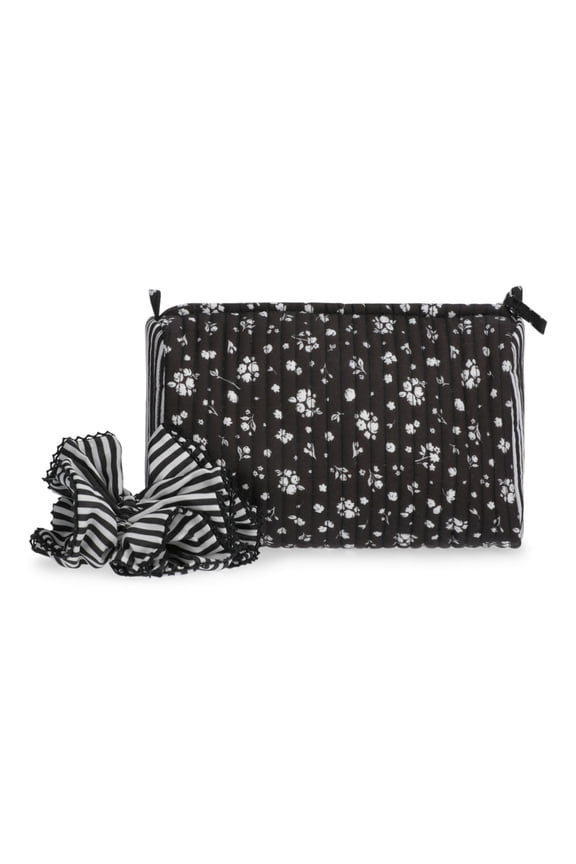 Women's Quilted Pouch and Hair Scrunchie Set, 2-Piece, Balck Ditsy/Floral