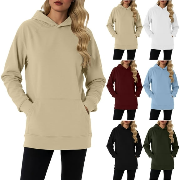 Hoodies for Women Oversized Casual Sweatshirts Pullover Long Sleeve Women's Hoodies Solid Color Cotton Lined Tunic Tops with Front Pockets Plus Size Available S-XXL