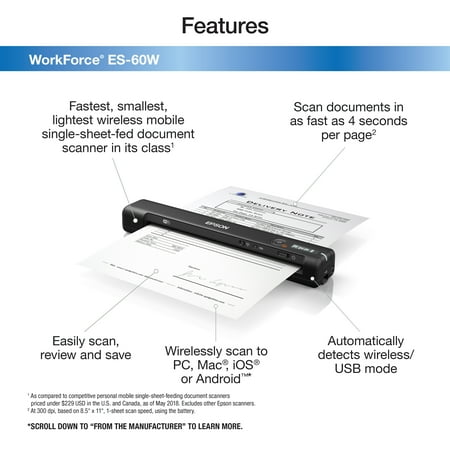 Epson - ES-60W Wireless Mobile Color Sheetfed Document Scanner - Black