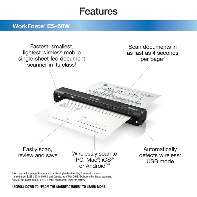 Arbitrage Encommium Indbildsk Epson WorkForce ES-60W Wireless Portable Sheet-fed Document Scanner for PC  and Mac - Walmart.com