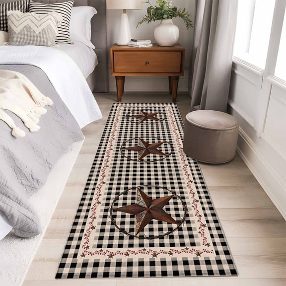 Farm Plaid Runner Rug 2x6 FT,Non Slip Hallway Carpet,West Texas Star Rustic Farmhouse Black Brown Washable Soft Floor Carpet Throw Runner Carpet Long Rug for Entryway Kitchen Bedside Sliding Door