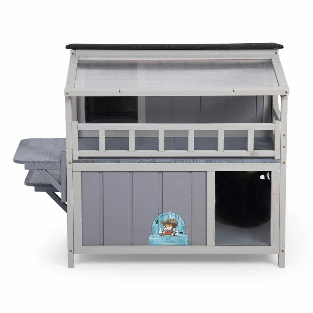 Yardi Yarda 2-Tier Wooden Cat House & Enclosure with Jumping Platforms and Play Run, Waterproof Outdoor Cat Cage with Fringe Curtains and Roof, Gray