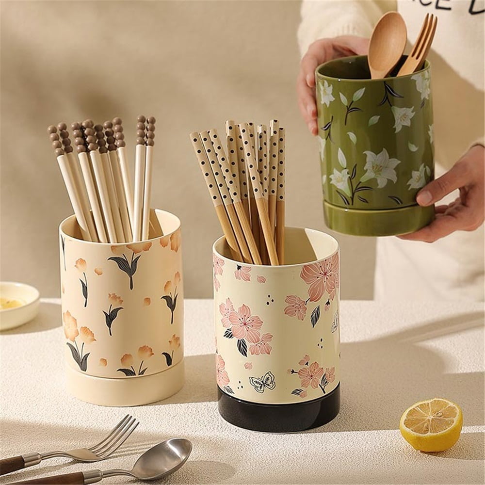 Ceramic Utensil Holder,  Kitchen Utensil Crock for Counter Drying Rack with Drain Tray