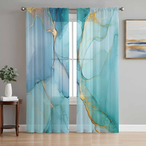 Ombre Aqua Green Blue Marble Chiffon Sheer Curtains 84 Inches Long, Golden Vein Abstract Color 2 Rod Pocket Window Treatment Voile Drapes Curtains for Living Room Bedroom,2 Panels, 52x84In
