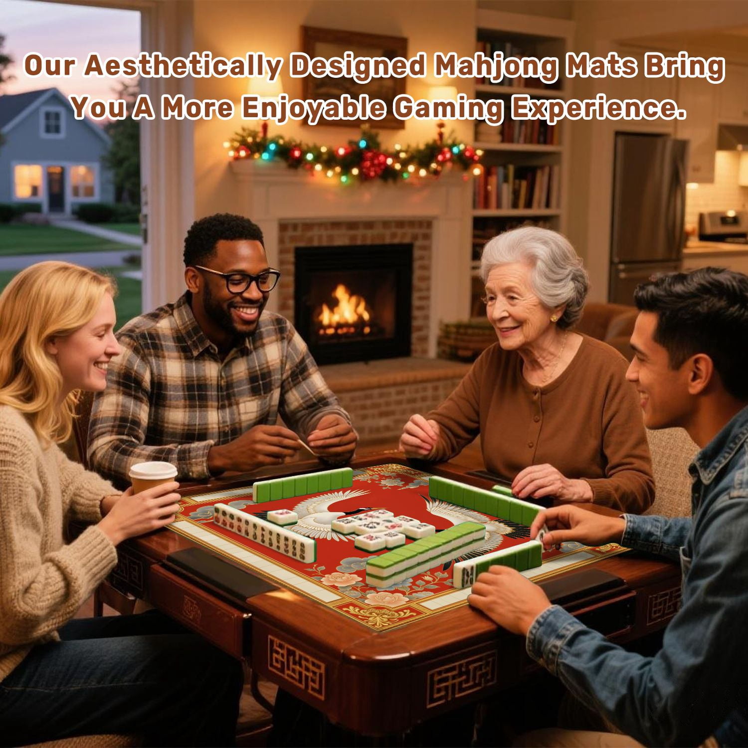 Mahjong Mat 31.5" x 31.5" Elegant Cranes Traditional Chinese Style Floral Accents Red Non-Slip Noise Reduction American Mahjong Tiles Table Cover for Dominoes Poker Card Board Games Gift