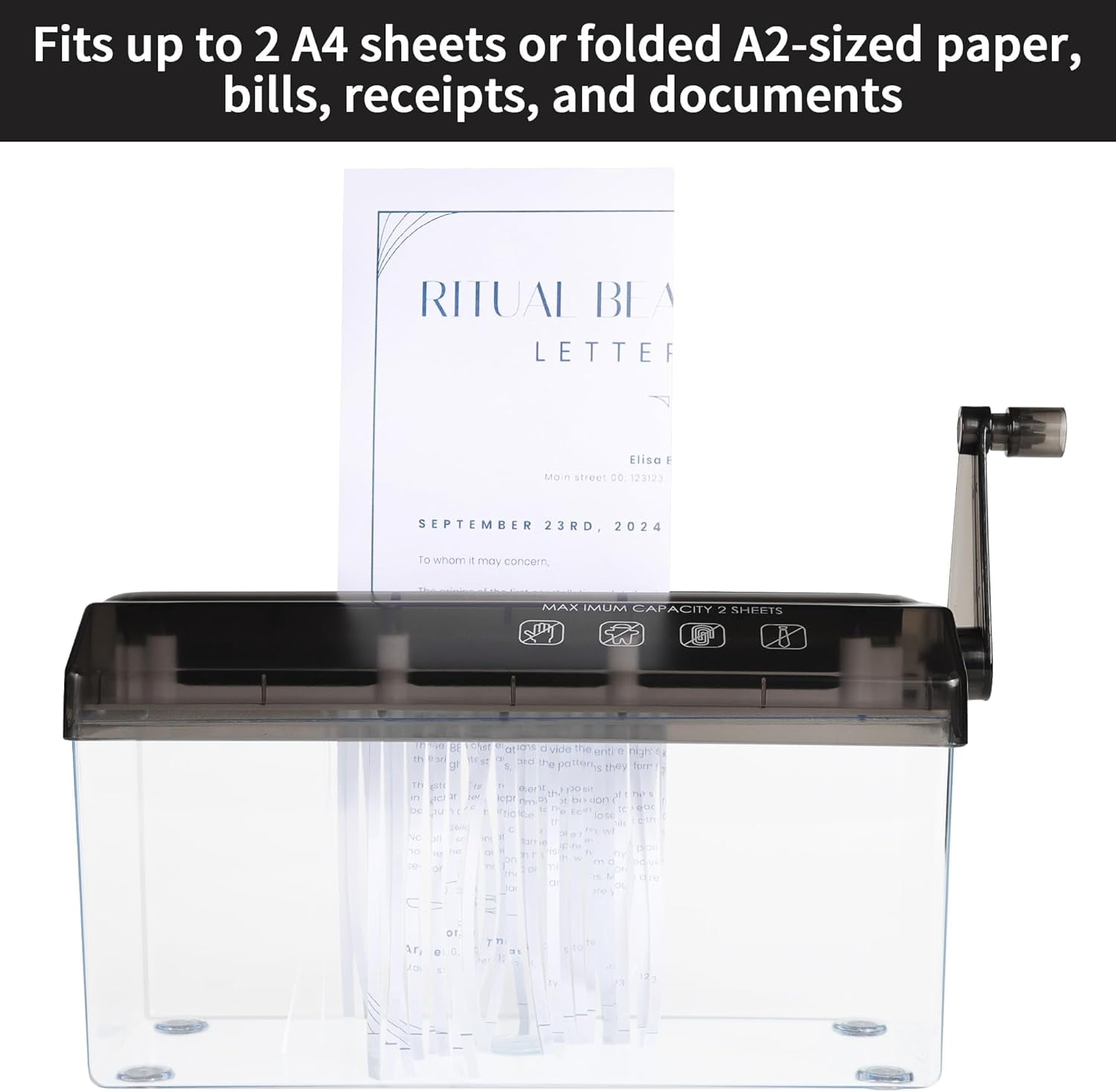 A4 Paper Manual Shredder - Black Portable Mini Paper Grinder Capacity 3L for A4 Files Documents Straight Cutting Tool Home Office Desktop Supplies WD23BK