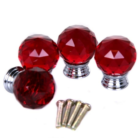 - 4x Red Crystal Glass Acryl Door Drawer Cabinet Furniture Handles Knobs +screws~~