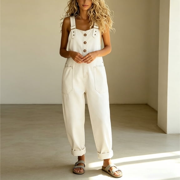 Morttic Women's Vintage Washed Denim Overalls – Casual Loose Wide Leg Jumpsuit with Pockets & Adjustable Straps Button Romper White,S