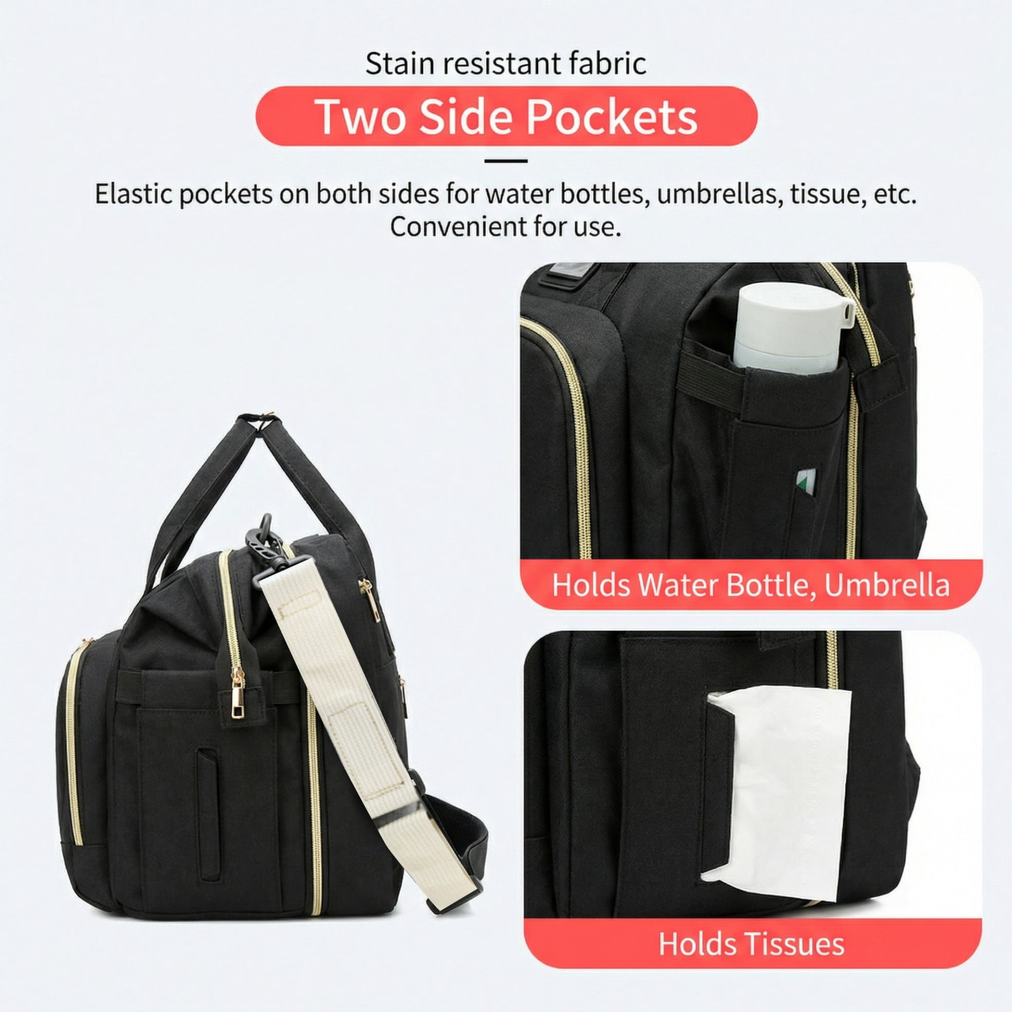Diaper changing bag, multi-functional baby changing bag, includes insulated bottle holder, essential for baby travel, large capacity travel backpack with USB charging port and stroller strap (black).