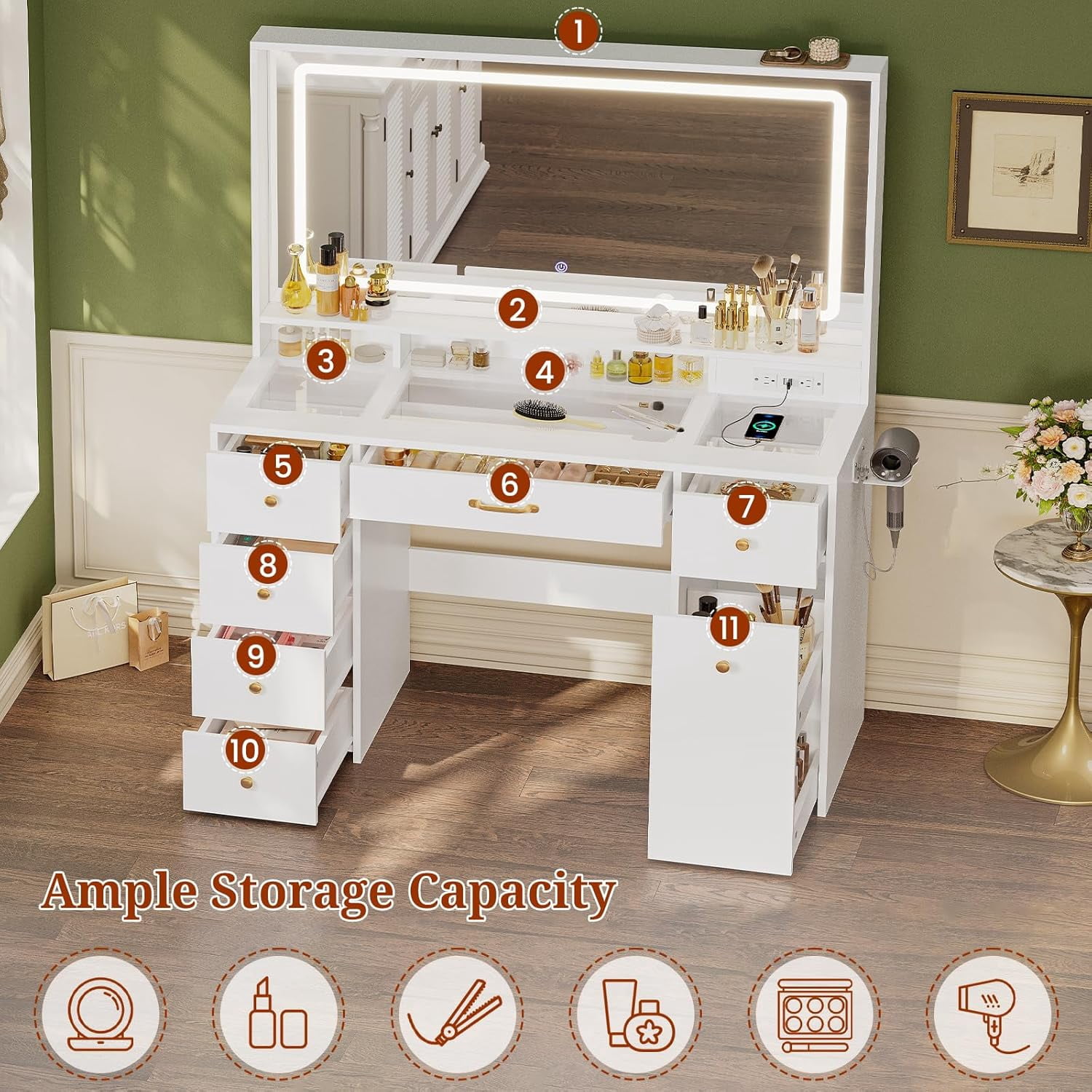 Vanity Desk With Large LED Mirror and Lights, Makeup Table With 6 Drawers and Power Outlet, Rolling Makeup Cart, Modern Storage Dressing Table, White