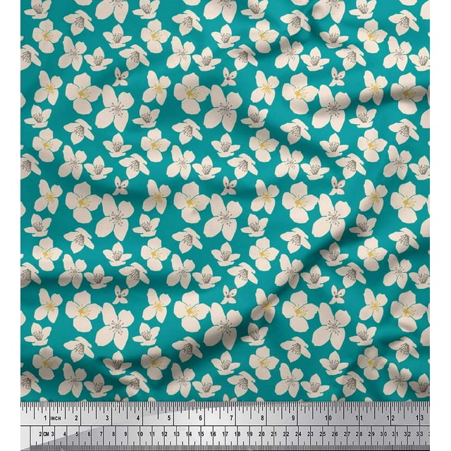Soimoi Green Silk Fabric Flower Floral Printed Fabric 1 Yard 42 Inch Wide