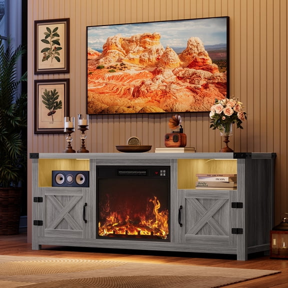 Furmax 65 inch Electric Fireplace TV Stand with Adjustable Color Lighting & Remote Control, Media Console with 2 Cabinets & Shelves for Living Room, Bedroom, Entertainment Center, Gray