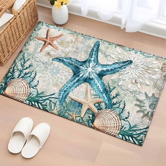 2x3 Ft Entryway Area Rug, Teal Coastal Starfish Kitchen Rug Runner Washable Floor Mat, Vintage Summer Beach Nautical Coral Non Slip Indoor Door Mat Throw Carpet for Bathroom Living Room Bedroom