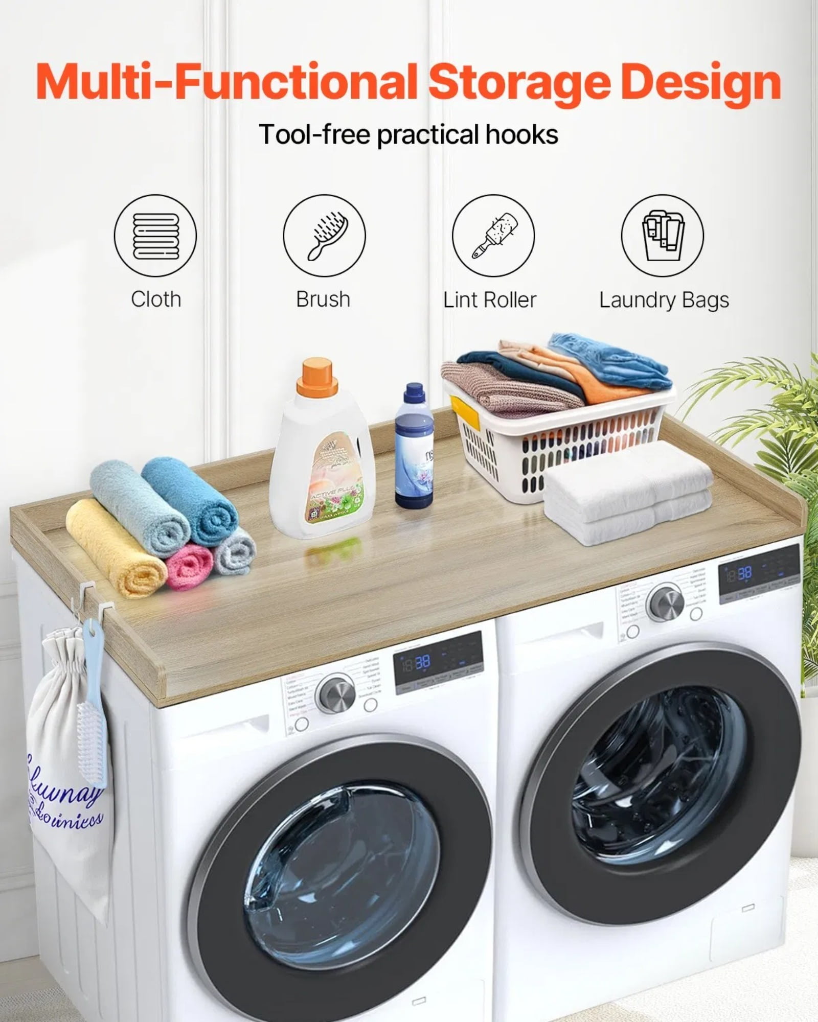 Washing machine countertop, drying machine solid wood countertop, with multi-functional hooks, suitable for all front-loading washing machines and dryers, oak
