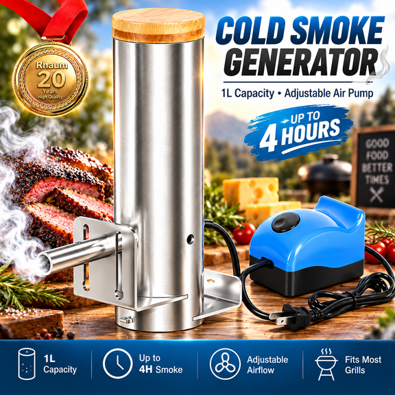 Cold Smoke Generator, 1L Stainless Steel Cold Smoker Attachment with Adjustable Air Pump