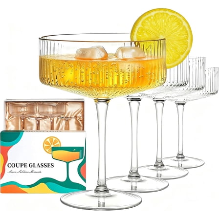 Martini Coupe Glasses Set of4 -10 oz Elegant Ribbed Cocktail Glass, Premium Crystal Glass for Espresso, Champagne, Martini, Desserts, Perfect for Gifts & Entertaining