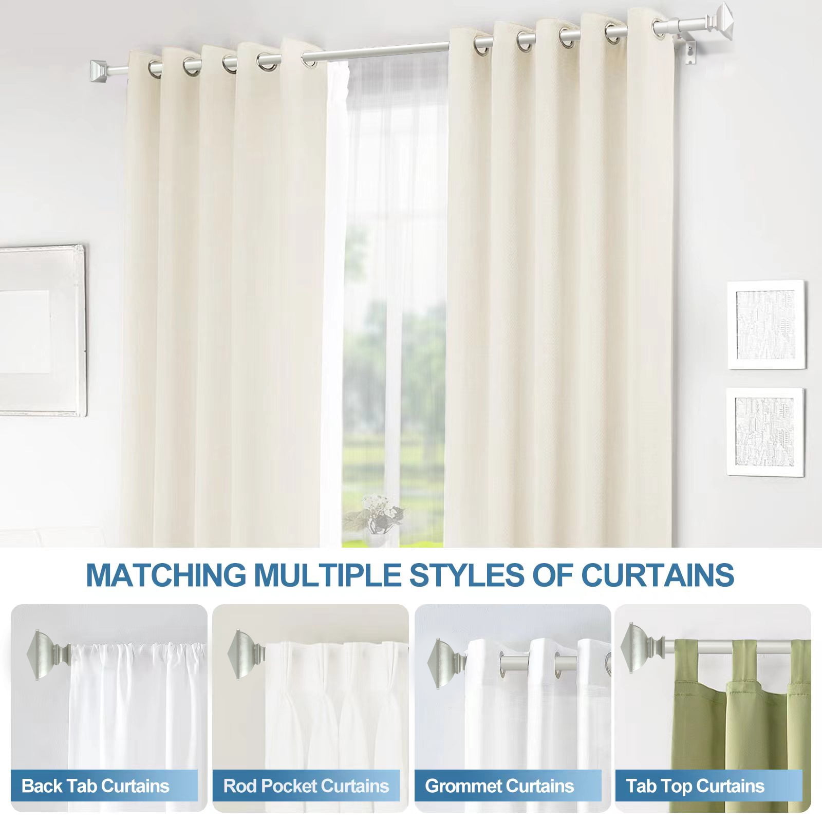 Urbanest Single Curtain Rod with 8 Clip Rings & Decorative Square Urn Finials – Classic Metal Window Drapery Rod Set, Heavy-Duty & Adjustable, 5/8" Diameter, 28" to 48", Antique Silver/Pewter